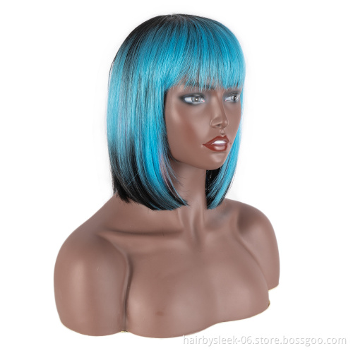 Wholesale machine made Wig Bob Short pixie cut ombre corlors With neat bang Heat-resisting Synthetic hair Wigs for black woman